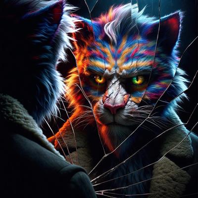 The primary subject of the image is a cat with a colorful, multicolored coat. The cat is looking directly at the camera, creating a sense of focus and intensity. The setting is a dark room, which adds to the dramatic atmosphere of the scene. The visual style of the image is a combination of photo and digital art, giving it a unique and artistic appearance. The dominant colors in the image are the various shades of the cat's coat, which create a vibrant and lively mood.
